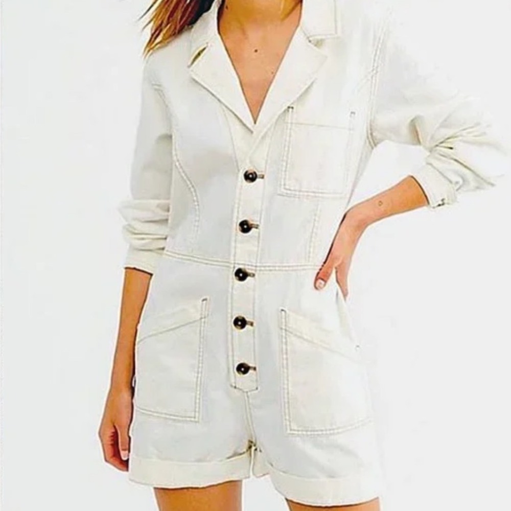 Free People Elaine Romper‎ Ivory Cotton Linen Utility Button Front Ivory Large